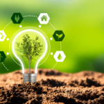 a lightbulb and a plant showing maple knoll village focusing on going green